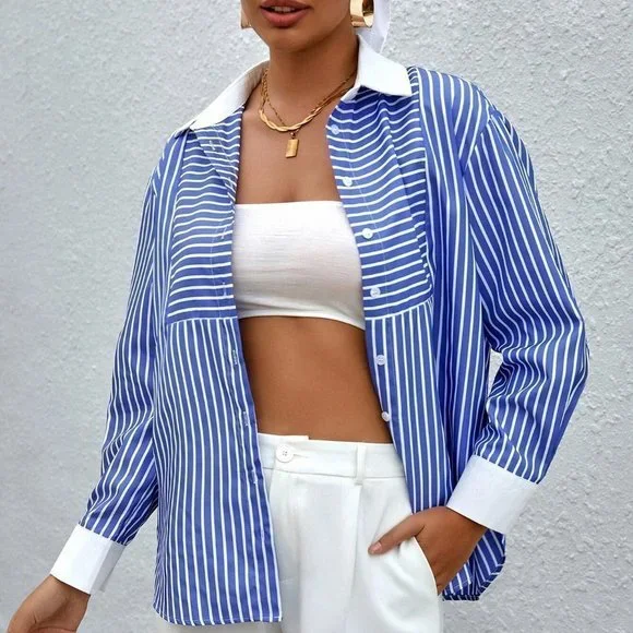 Blue and White Boho Womens Striped Print Button Front Shirt - Picture 4 of 5